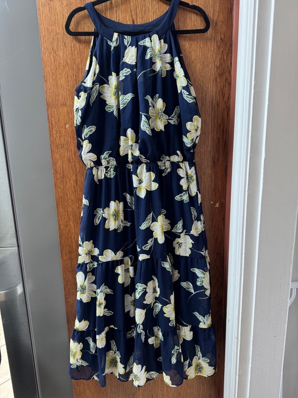 Robbie Bee Navy Floral Halter Dress with Yellow and Green Accents